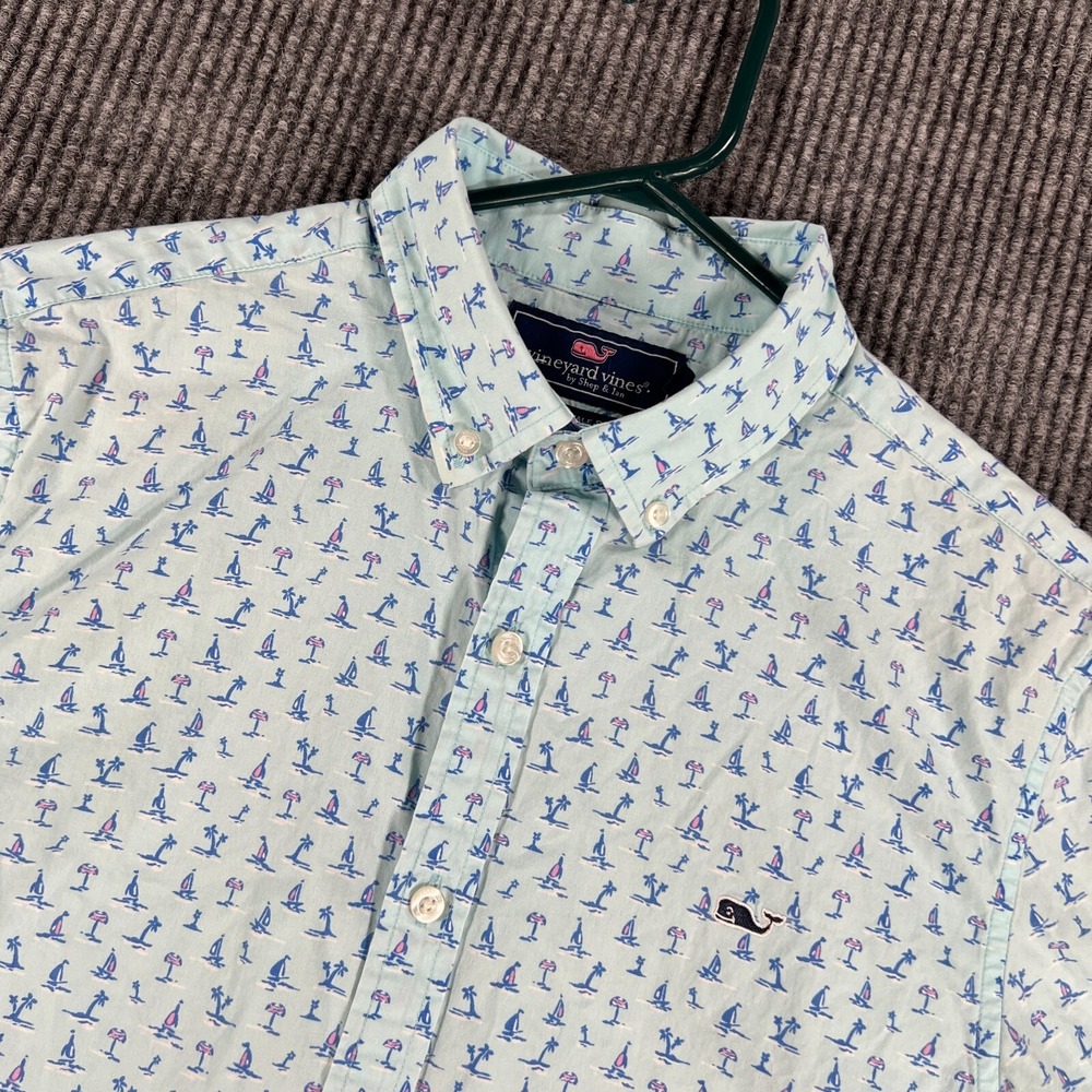 Vineyard Vines Shirt Mens Small Blue Geometric Short Sleeve Whale Button Down